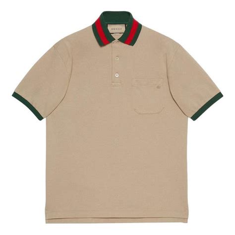 Cotton piquet polo with Web collar in beige .